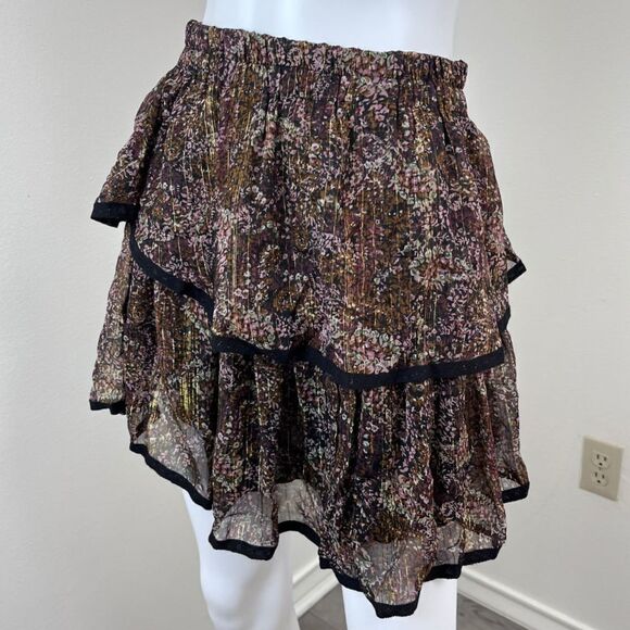 Allison Women Size L Black Tiered Floral Pull On Metallic Mini NEW Skirt Peasant - Picture 8 of 13